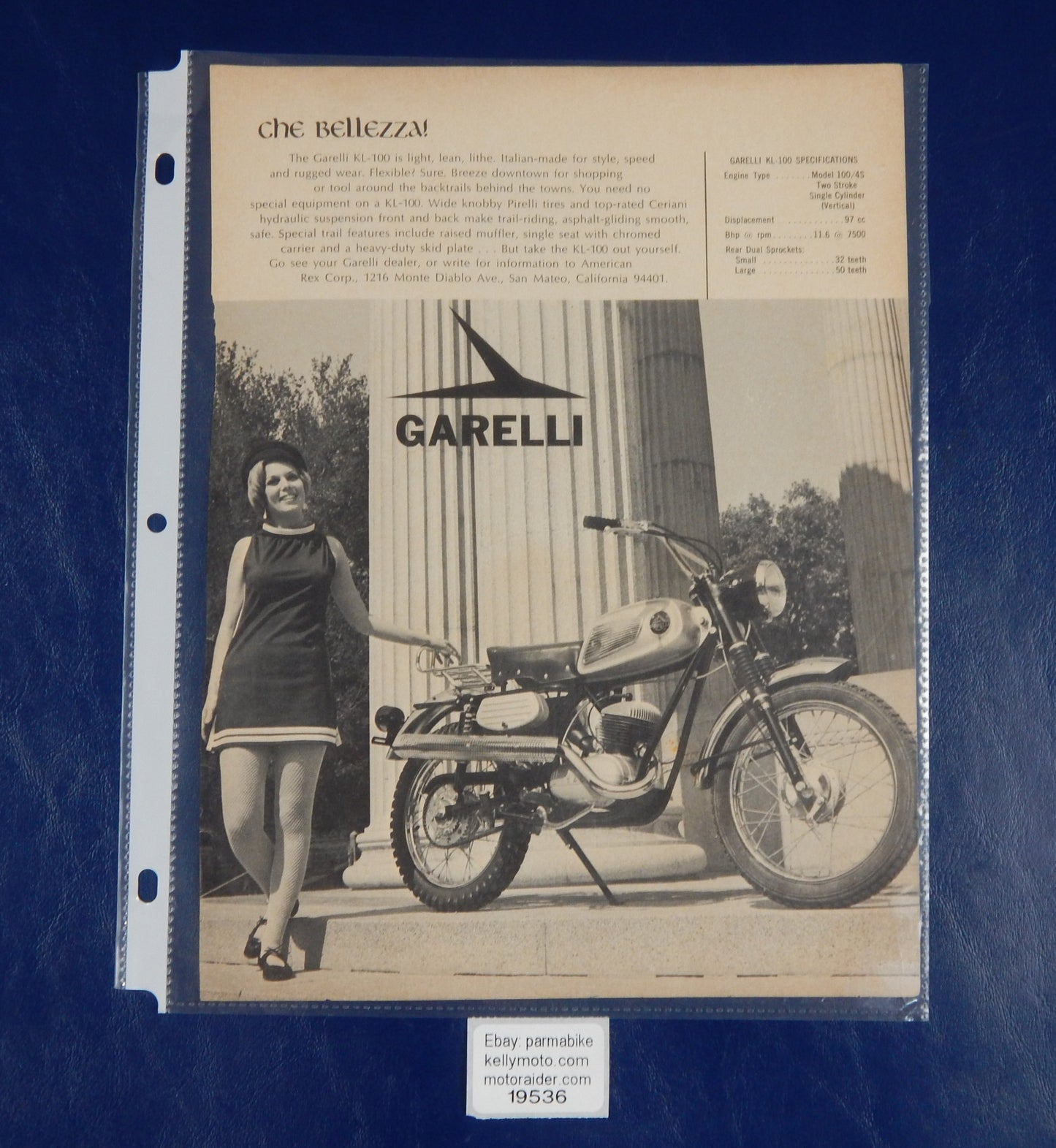 1960's GARELLI GIPSY KL-100 ADVERTISEMENT PAGE MAGAZINE VINTAGE ITALY - MotoRaider