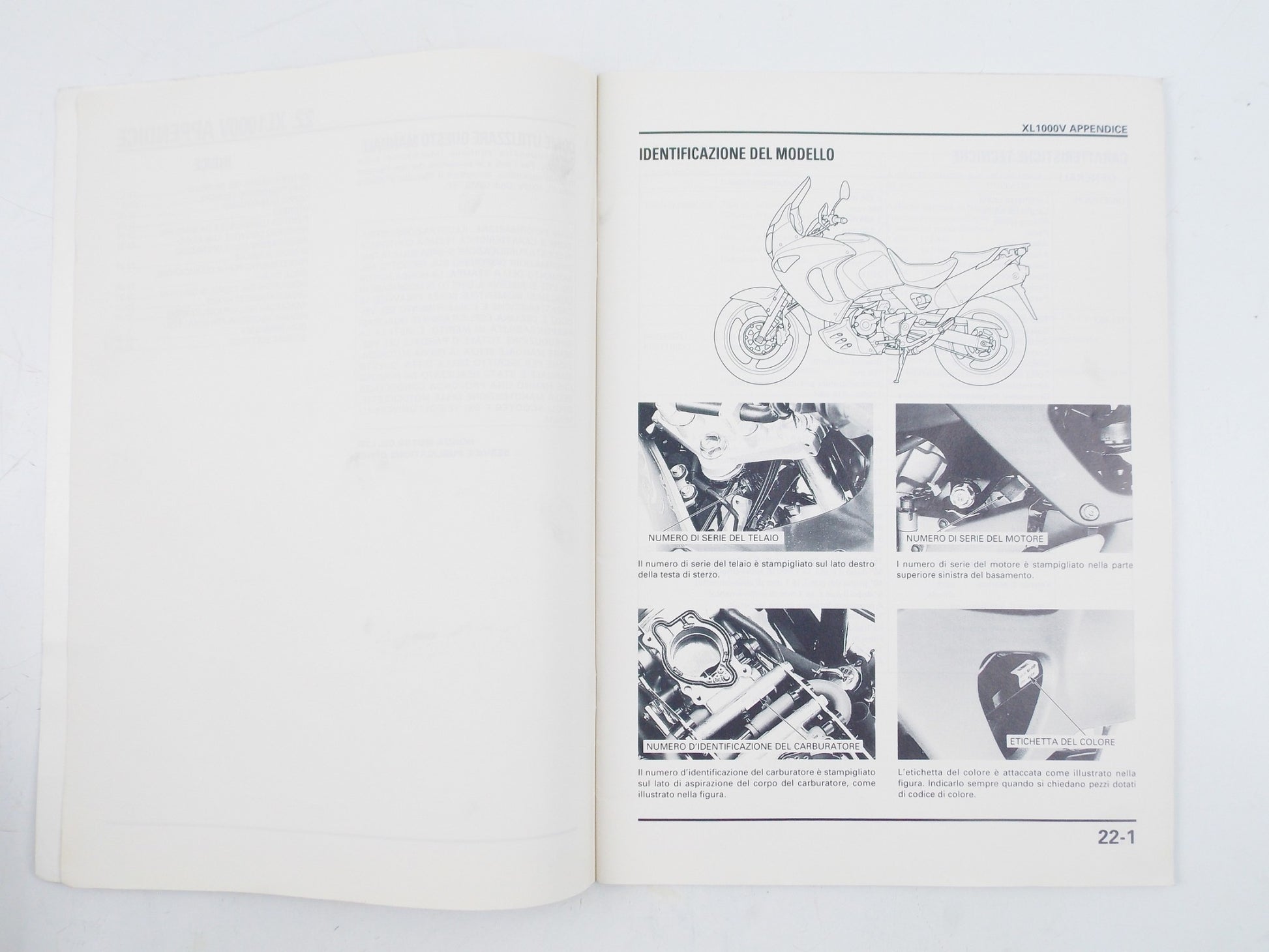 HONDA XL 1000 V1 WORKSHOP MANUAL REPAIR BOOK ITALIAN - MotoRaider