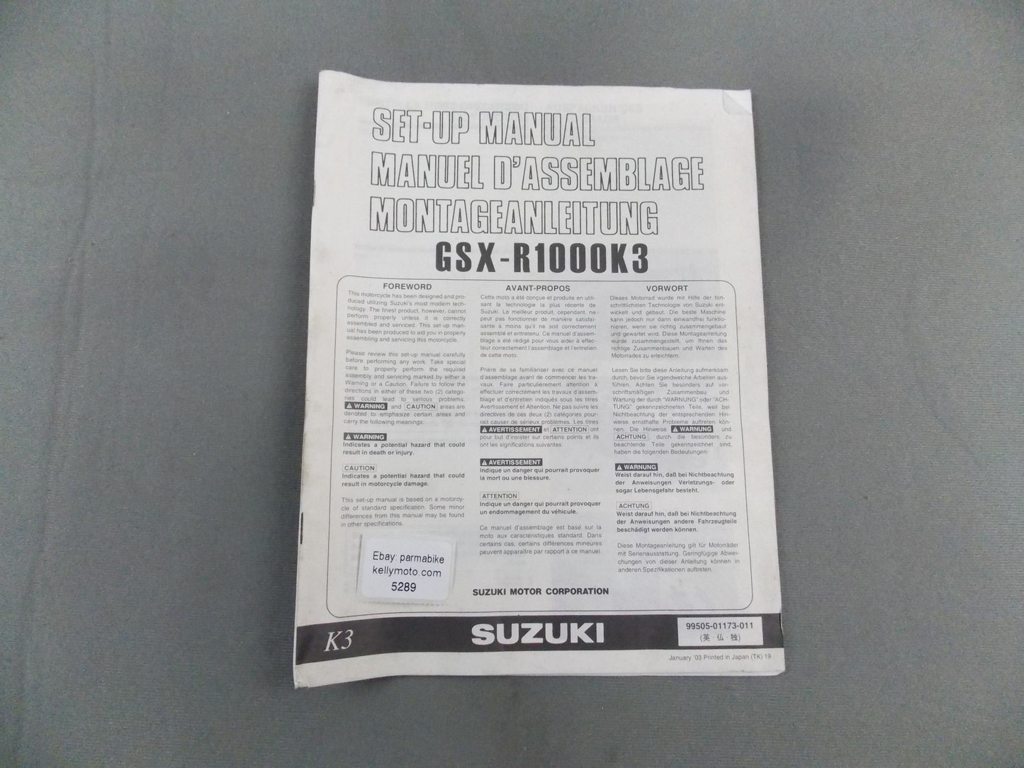 SUZUKI GSX-R1000K3 SET-UP MANUAL BOOK ENGLISH FRENCH GERMAN 99505-01173-011 - MotoRaider