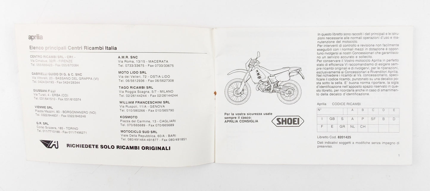 1993 RX 50 APRILIA USER MANUAL OWNER BOOK ITALIAN 37 PAGES # 8201425 - MotoRaider