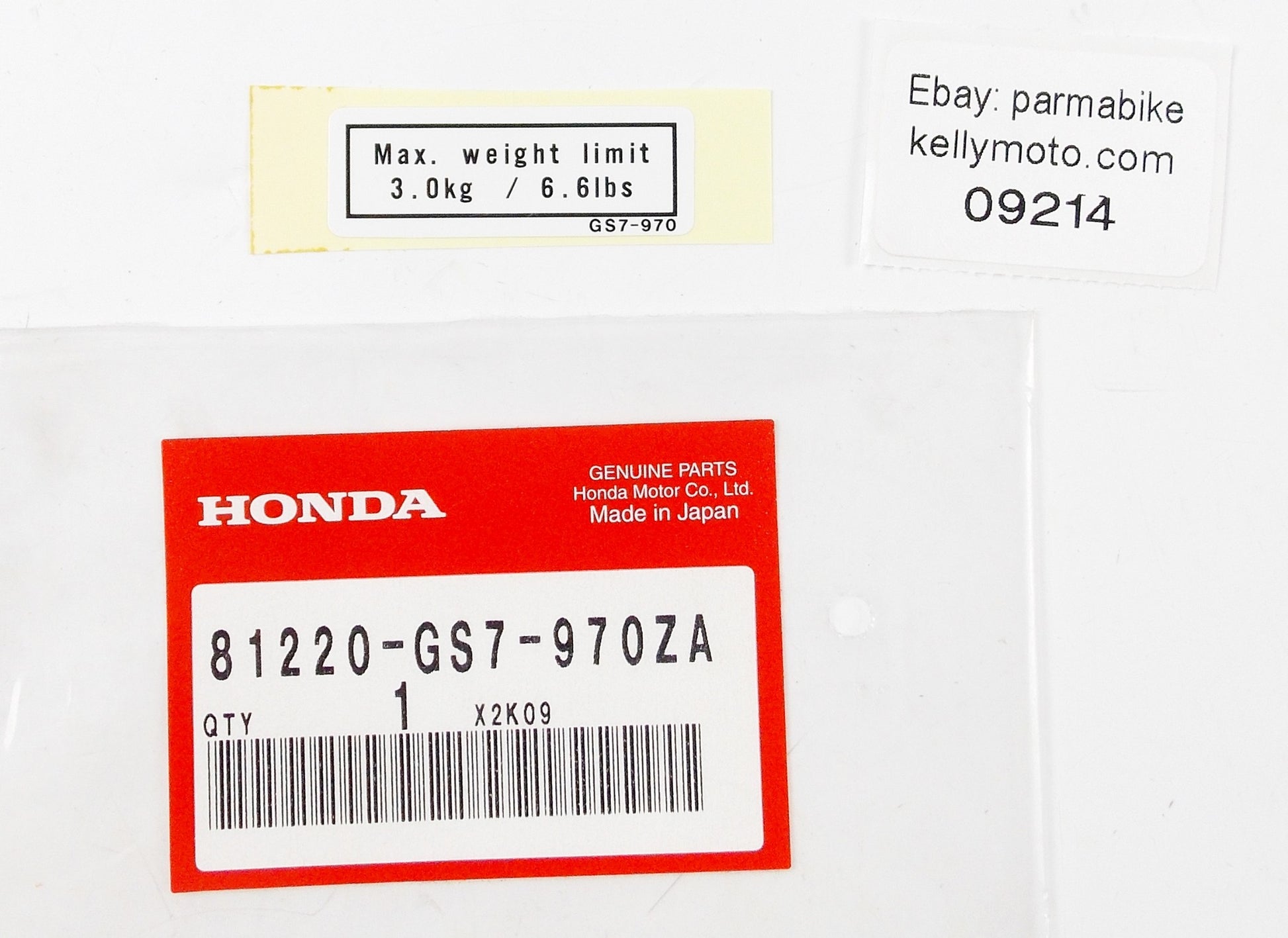 MAX WEIGHT 2005/06/10 HONDA NHX110 SH150 PS250 RR CARRIER LABEL 81220-GS7-970ZA - MotoRaider