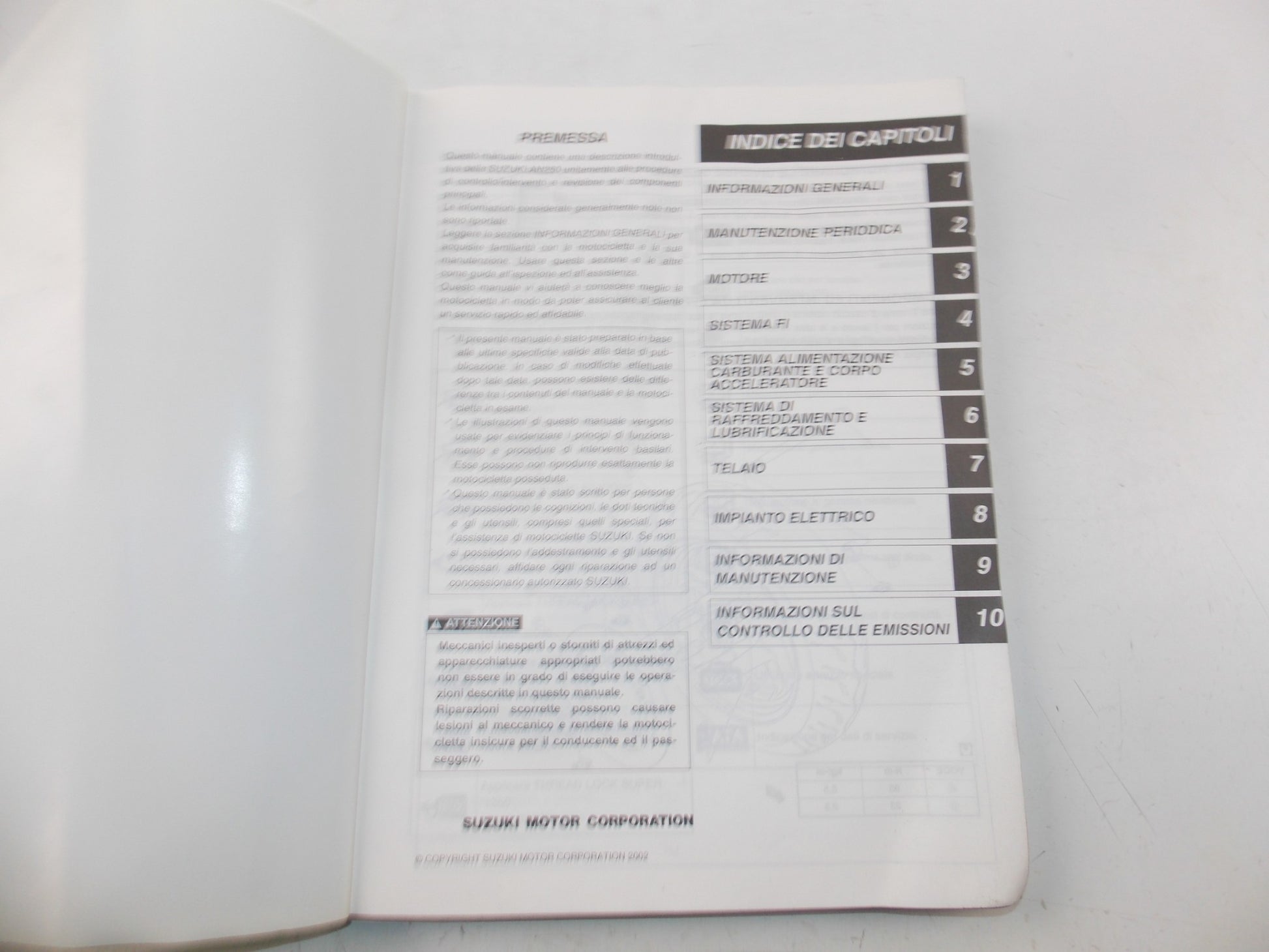 11/2002 SERVICE MANUAL MAINTENANCE BOOK SUZUKI AN250 ITALIAN 99500-12130-01B - MotoRaider