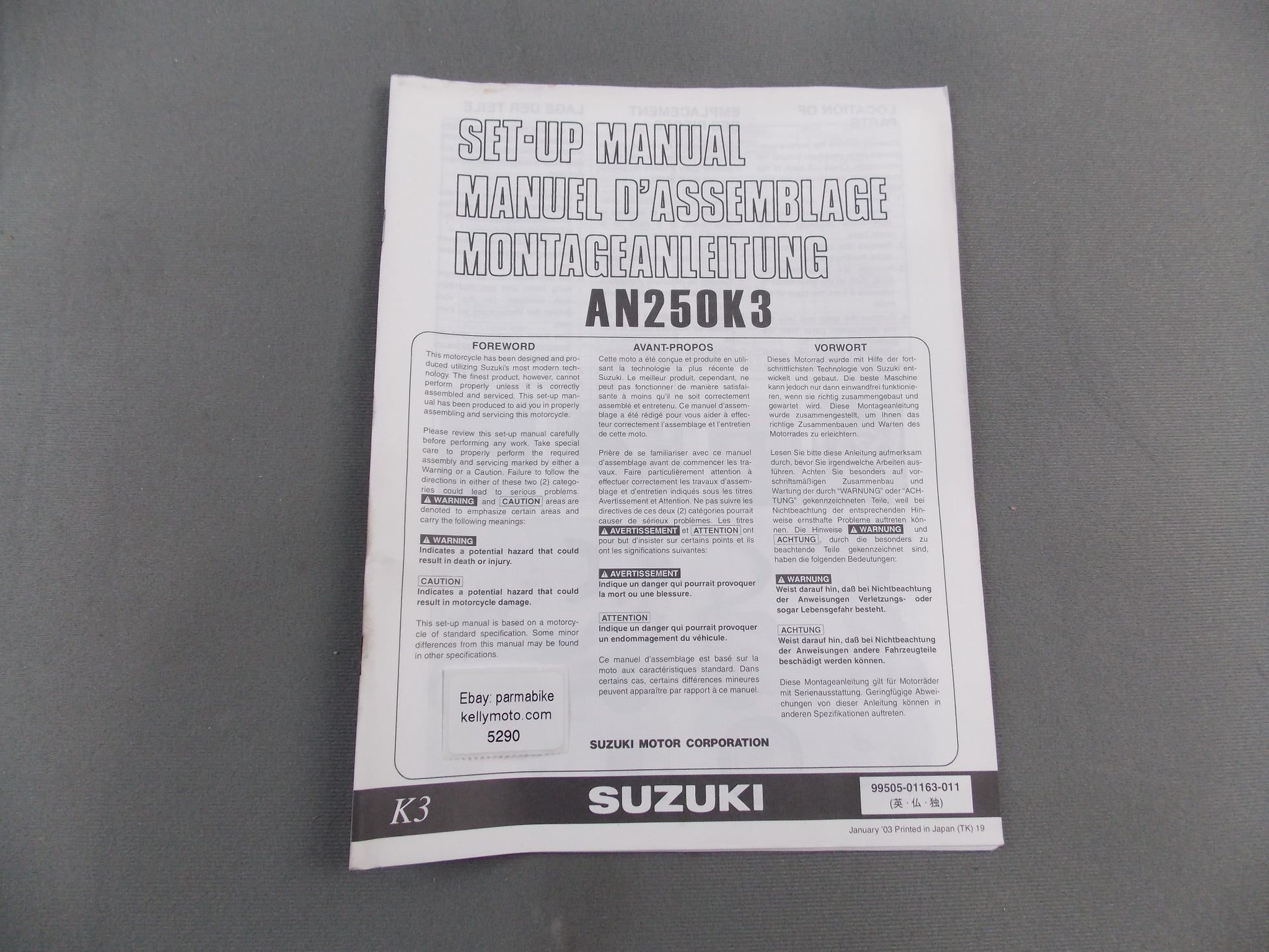 SUZUKI AN250-K3 SET-UP MANUAL BOOK ENGLISH FRENCH GERMAN 99505-01163-011 - MotoRaider