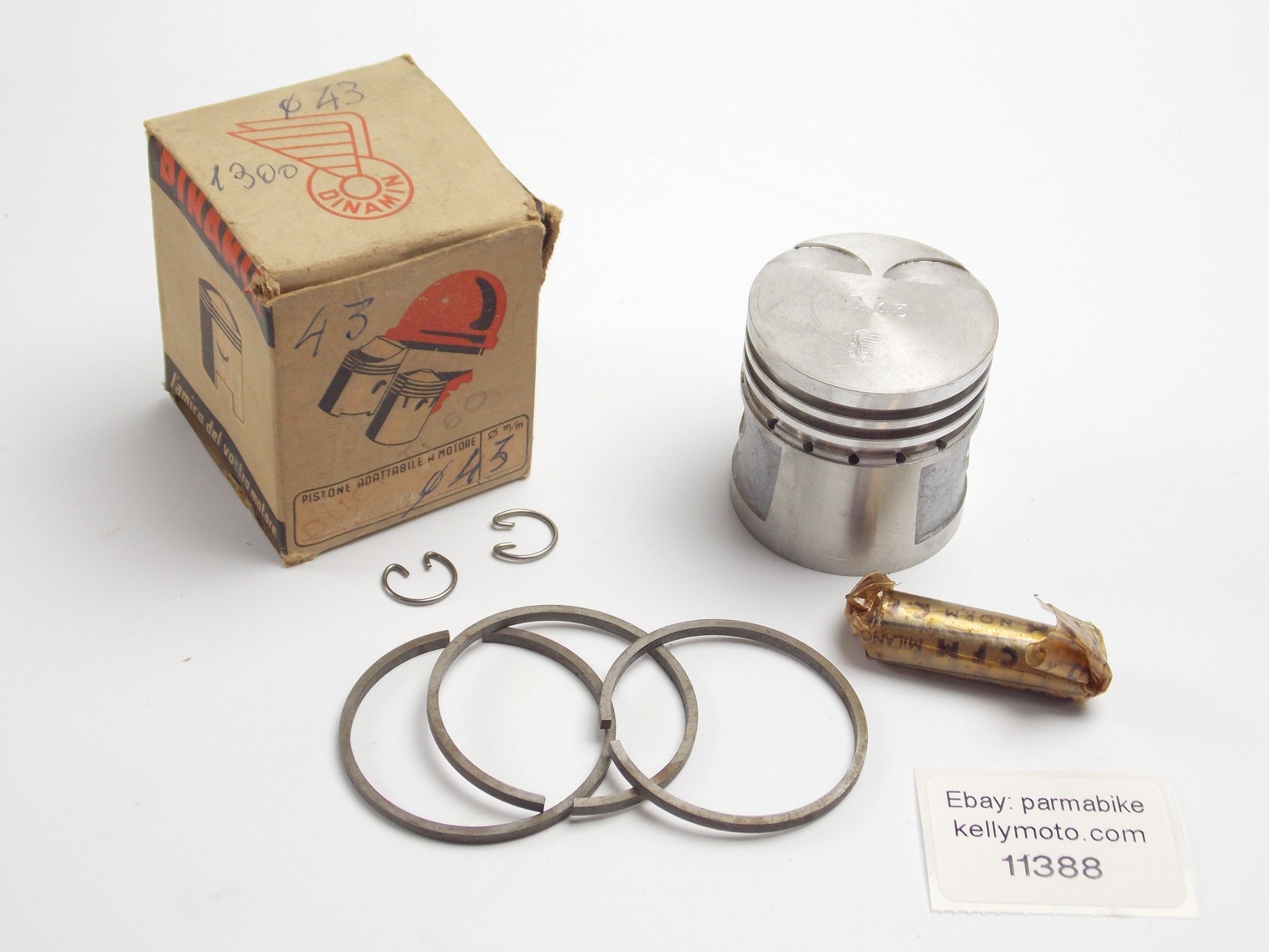 NOS DINAMIN PISTON+RINGS+PIN+CLIPS SET CPL.D. 43 mm DUCATI 60 cc MINI BIKE MOTOR - MotoRaider