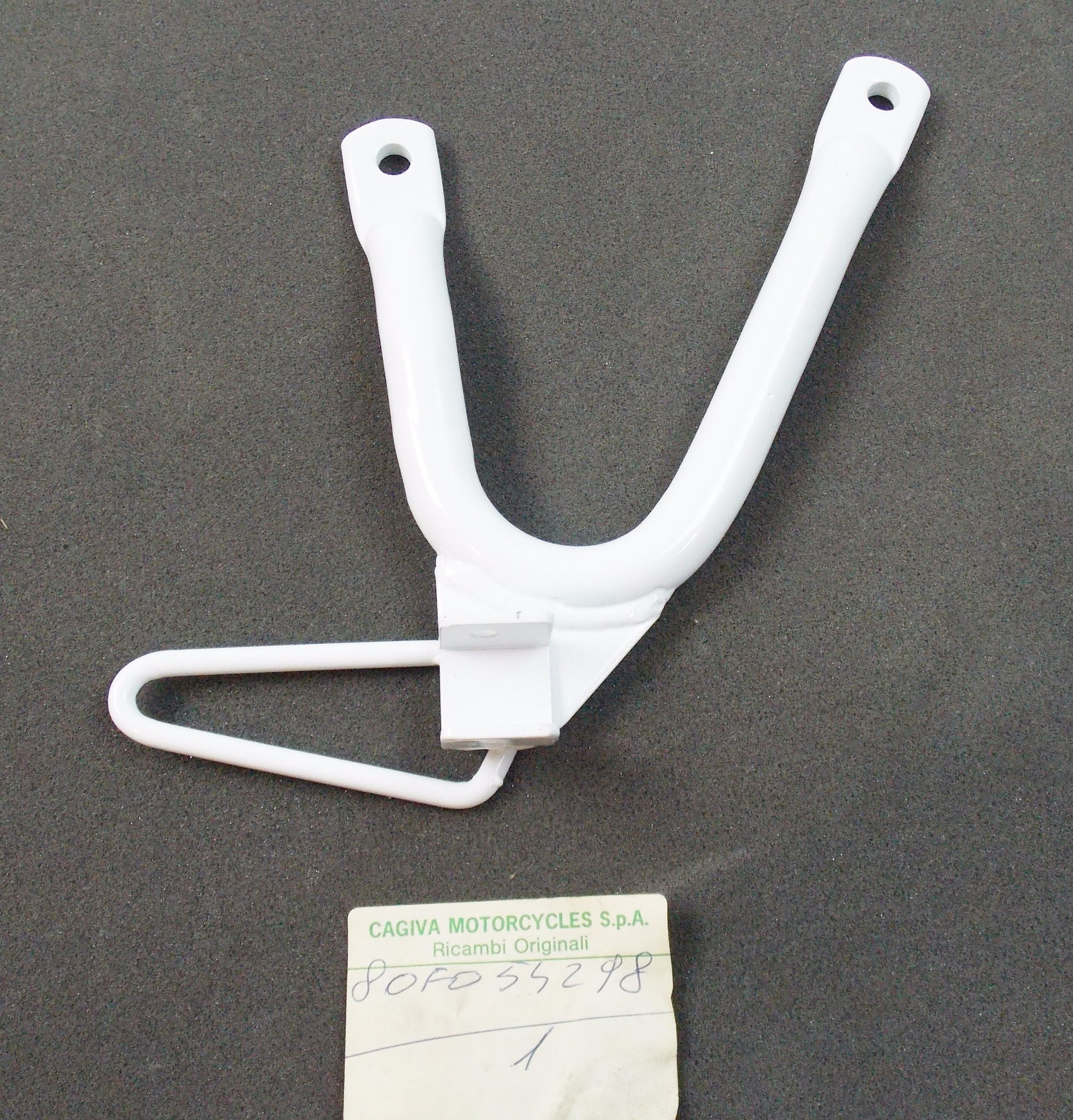 OEM CAGIVA COSIS 50/75 125 CRUISER PASSENGER FOOTREST BRACKET (WHITE) 80F054298 - MotoRaider