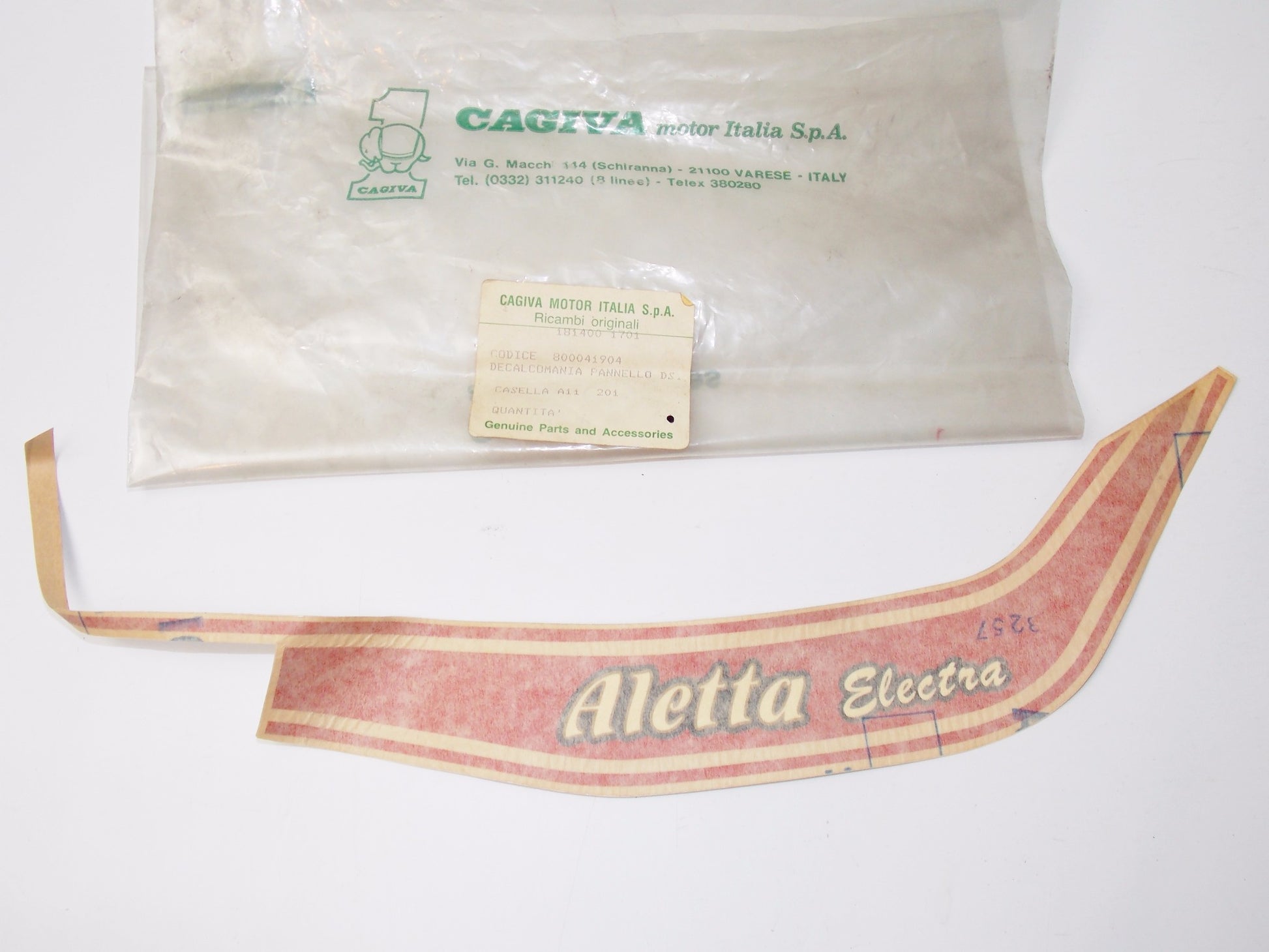 NOS OEM CAGIVA ALETTA ELECTRA 125 RH COVER STICKER "Aletta Electra" 800041904 - MotoRaider