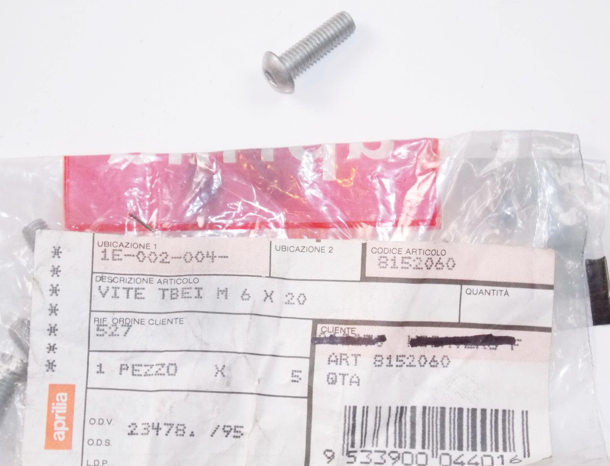 NOS OEM APRILIA 97-98 RS125 123 REAR WHEEL HEX SOCKET SCREW M6x20 AP8152060 - MotoRaider