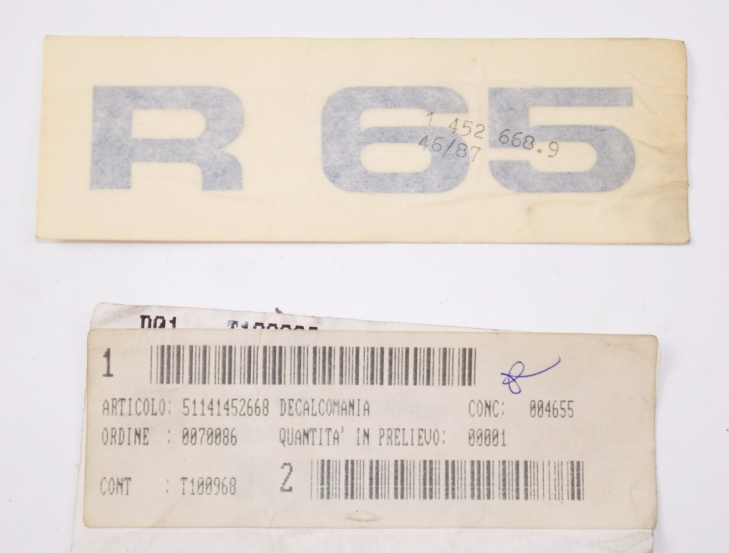 NOS OEM BMW 86-87 R 65 STICKER "R 65" BLAU 51141452668 - MotoRaider